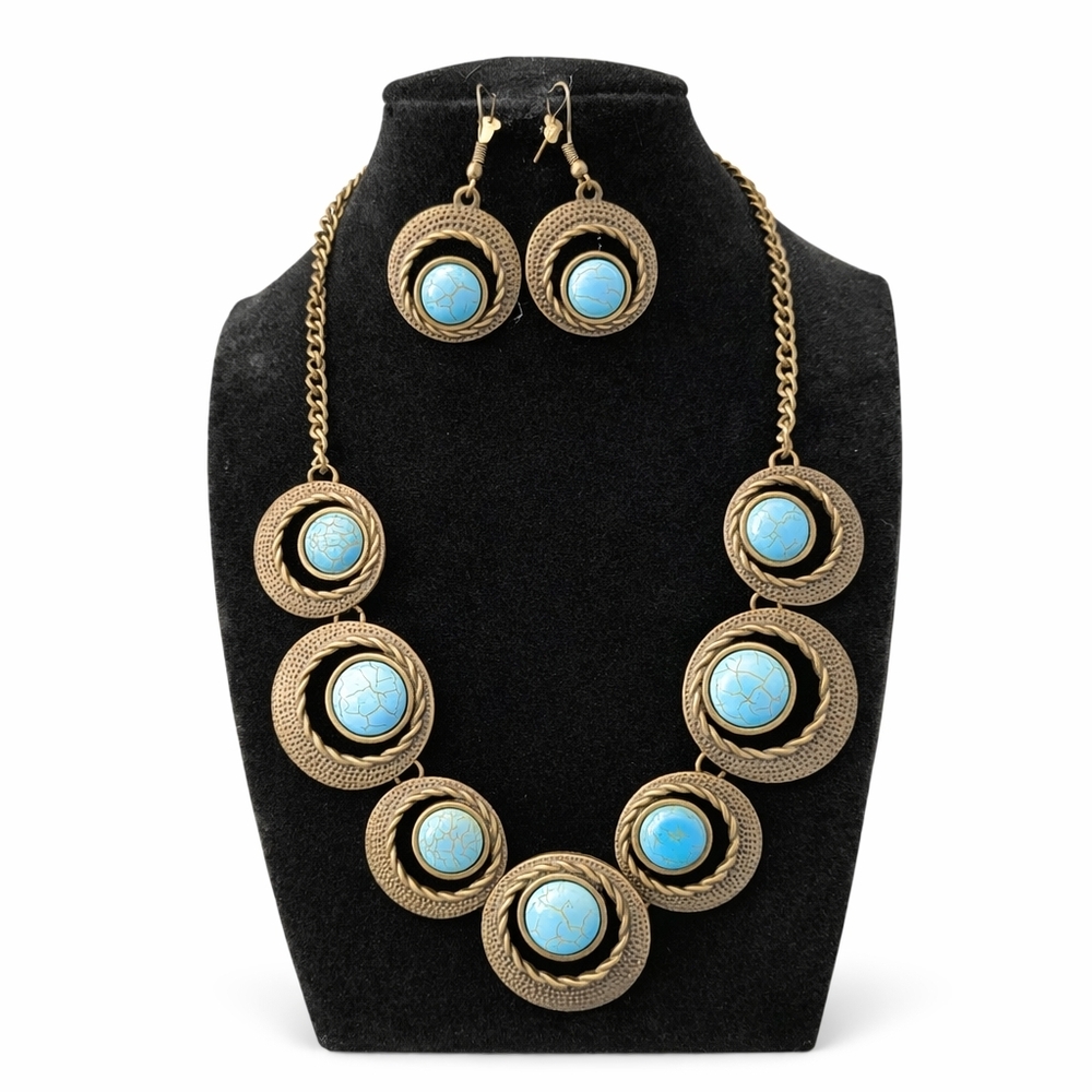 Paparazzi Turquoise Medallion Necklace & Earring Set | Gold Tone Statement Jewel